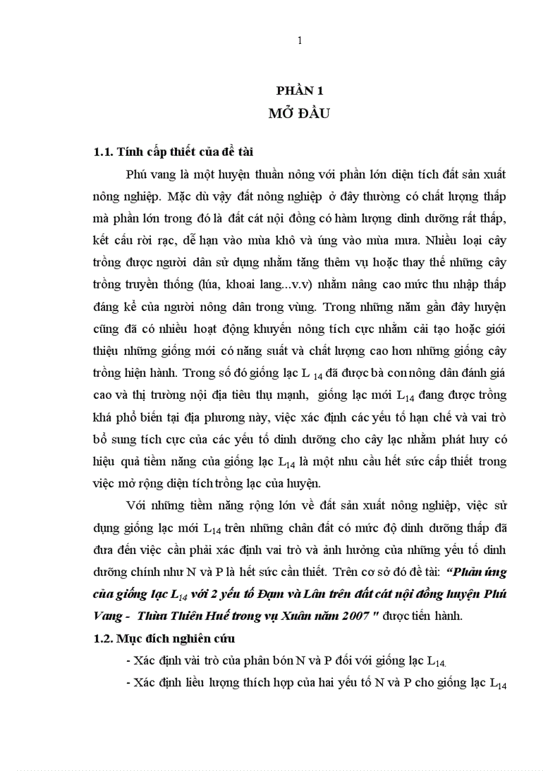 Phản ứng của giống lạc L14 với 2 yếu tố Đạm và Lân trên đất cát nội đồng huyện Phú Vang Thừa Thiên Huế trong vụ Xuân năm 2007