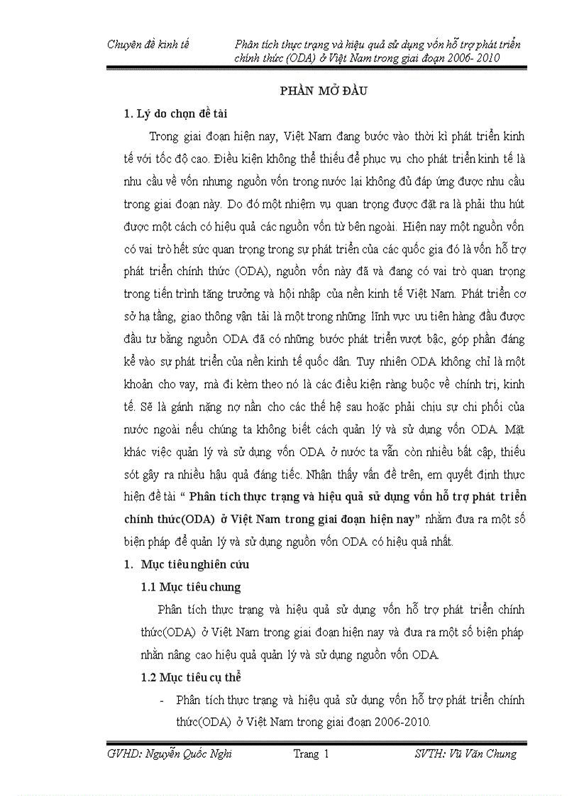 Phân tích thực trạng và hiệu quả sử dụng vốn hỗ trợ phát triển chính thức ODA giai đoạn 2006 2010