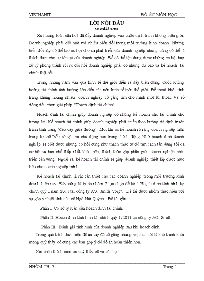 Hoạch định tình hình tài chính quý I 2011 tại công ty AO Smith