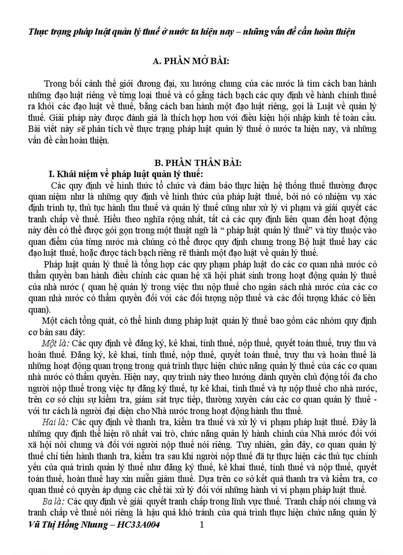 Thực trạng pháp luật quản lý thuế ở nước ta hiện nay và những vấn đề cần hoàn thiện