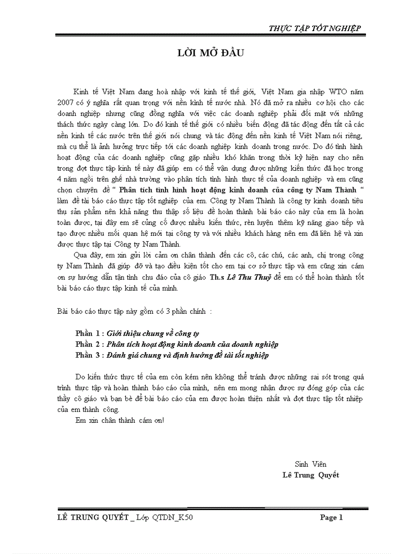 Phân tích tình hình hoạt động kinh doanh của công ty Nam Thành