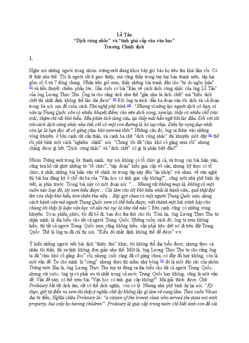 Dịch cứng nhắc và tính giai cấp của văn học Lỗ Tấn