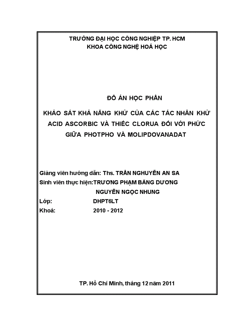 Khảo sát khả năng khử của các tác nhân khử acid ascorbic và thiếc clorua đối với phức giữa photpho và molipdovanadat