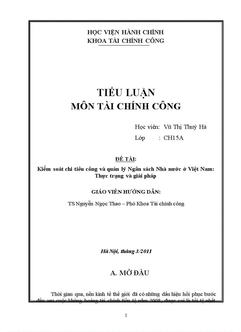 Tiểu luận tài chính công Kiểm soát chi tiêu công và quản lý Ngân sách Nhà nước ở Việt Nam Thực trạng và giải pháp