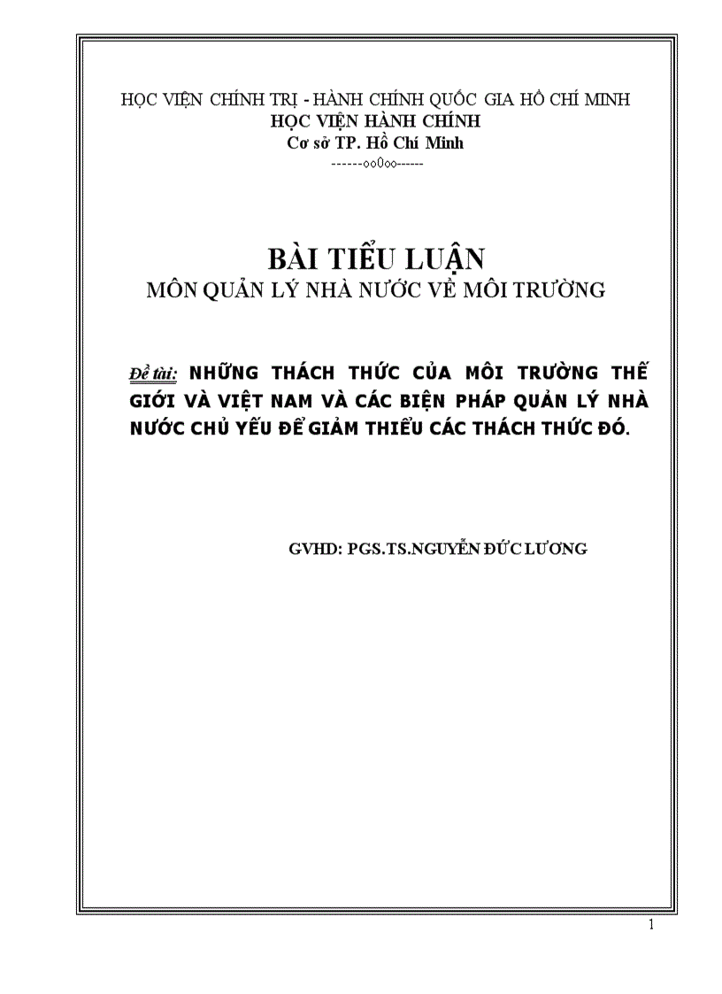 Những thách thức của môi trường thế giới và việt nam và các biện pháp quản lý nhà nước chủ yếu để giảm thiểu các thách thức đó