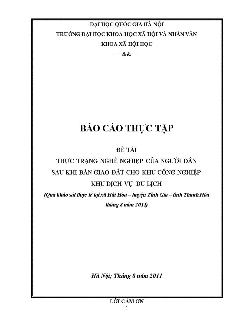 Báo cáo thực tập THỰC TRẠNG NGHỀ NGHIỆP CỦA NGƯỜI DÂN SAU KHI BÀN GIAO ĐẤT CHO KHU CÔNG NGHIỆP KHU DỊCH VỤ DU LỊCH