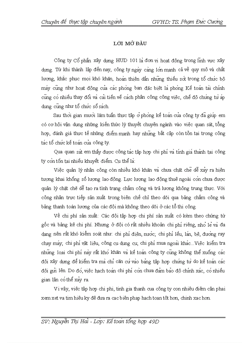 Hoa n thiê n kê toa n chi phí sản xuất và tính giá thành sản phẩm tại công ty Cổ phần xây dựng HUD 10