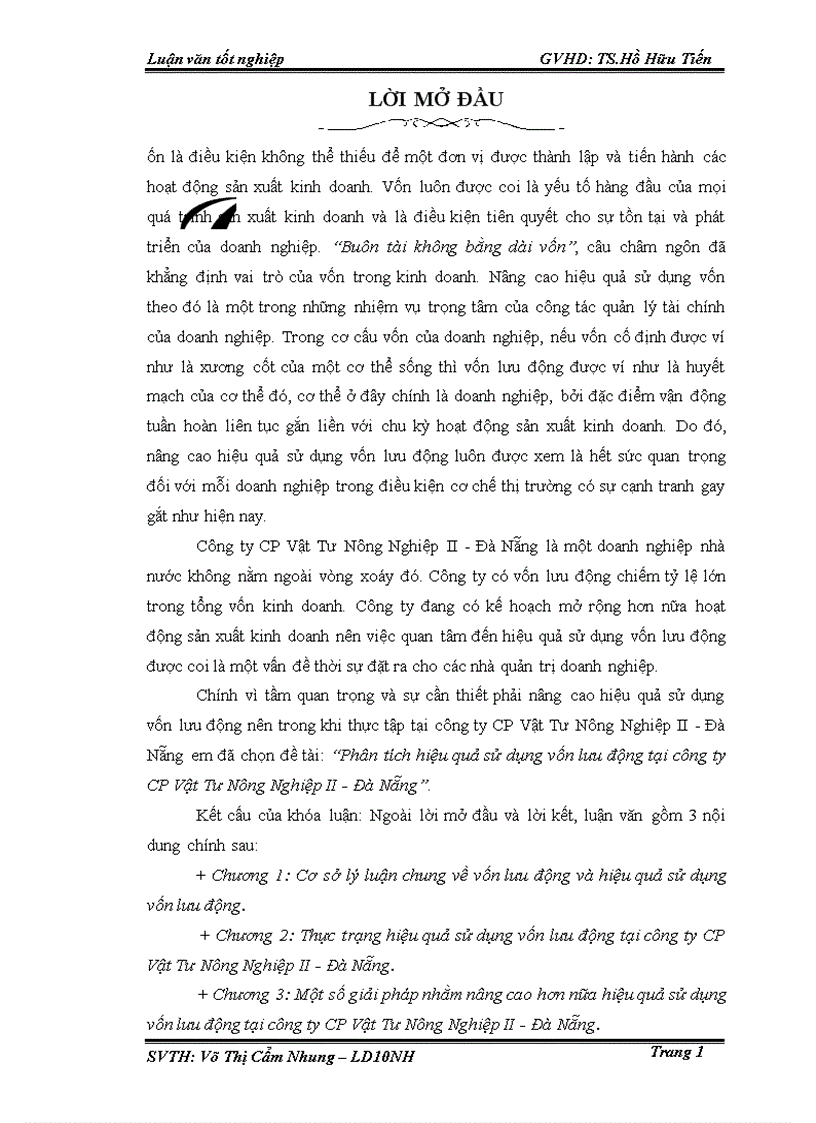 Phân tích hiệu quả sử dụng vốn lưu động tại công ty CP Vật Tư Nông Nghiệp II Đà Nẵng