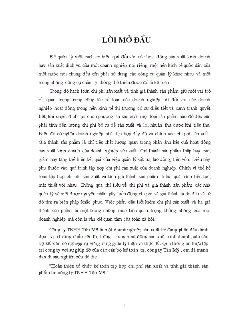 Hoàn thiện tổ chức kế toán tập hợp chi phí sản xuất và tính giá thành sản phẩm tại công ty TNHH Tân Mỹ