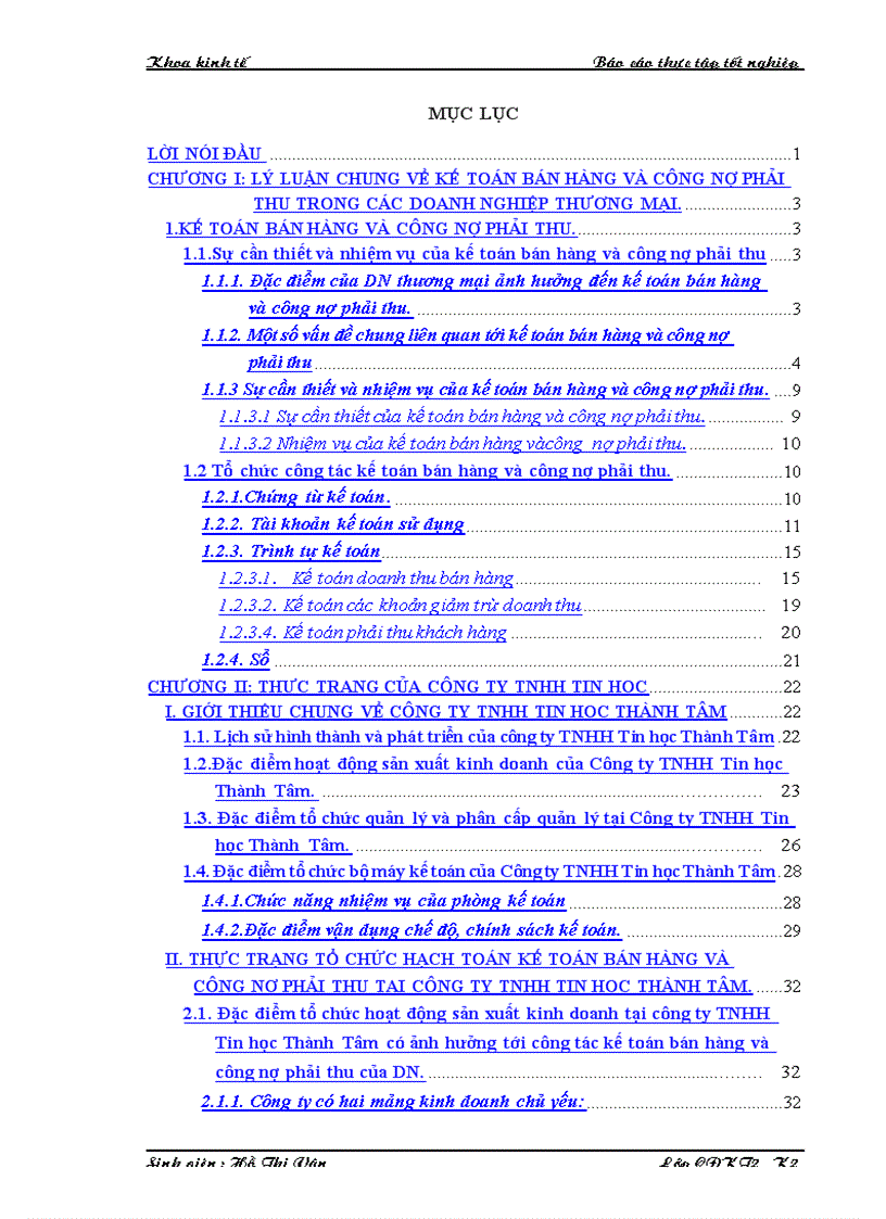 Hoàn thiện công tác kế toán nghiệp vụ bán hàng và công nợ phải thu trong doanh nghiệp Thực tế tại Công ty TNHH Tin học Thành Tâm