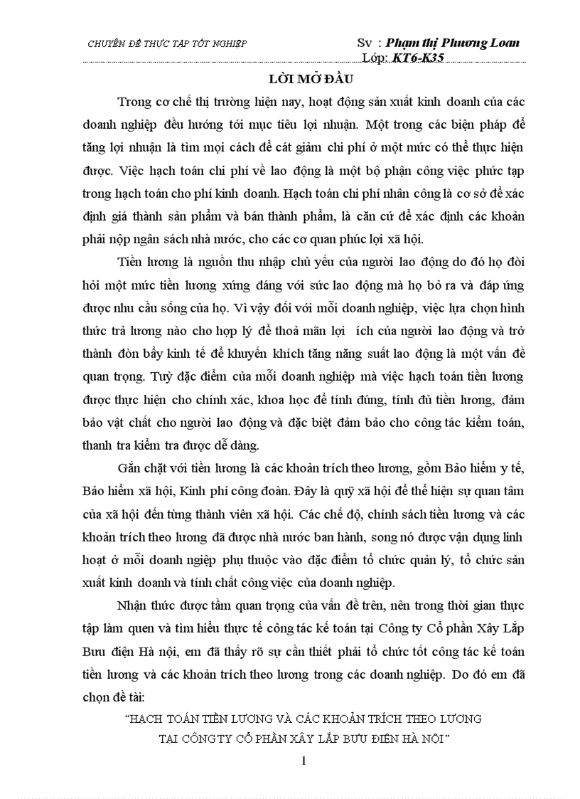 Chuyên đề tốt nghiệp Hạch toán kế toán tiền lương và các khoản trích theo lương với việc nâng cao hiệu quả sử dụng người lao động tại Công ty Bưu điện Gia lâm Hà nội