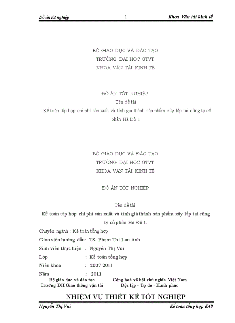 Kế toán tập hợp chi phí sản xuất và tính giá thành sản phẩm xây lắp tại công ty cổ phần Hà Đô