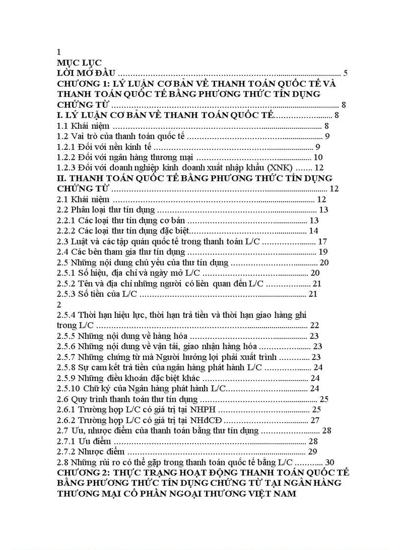 Khóa luận Hoat động thanh toán quốc tế bằng phương thức tín dụng chứng từ tại Ngân hàng thương mại cổ phẩn Ngoại thương Việt Nam Thực trạng và giải pháp phát triển