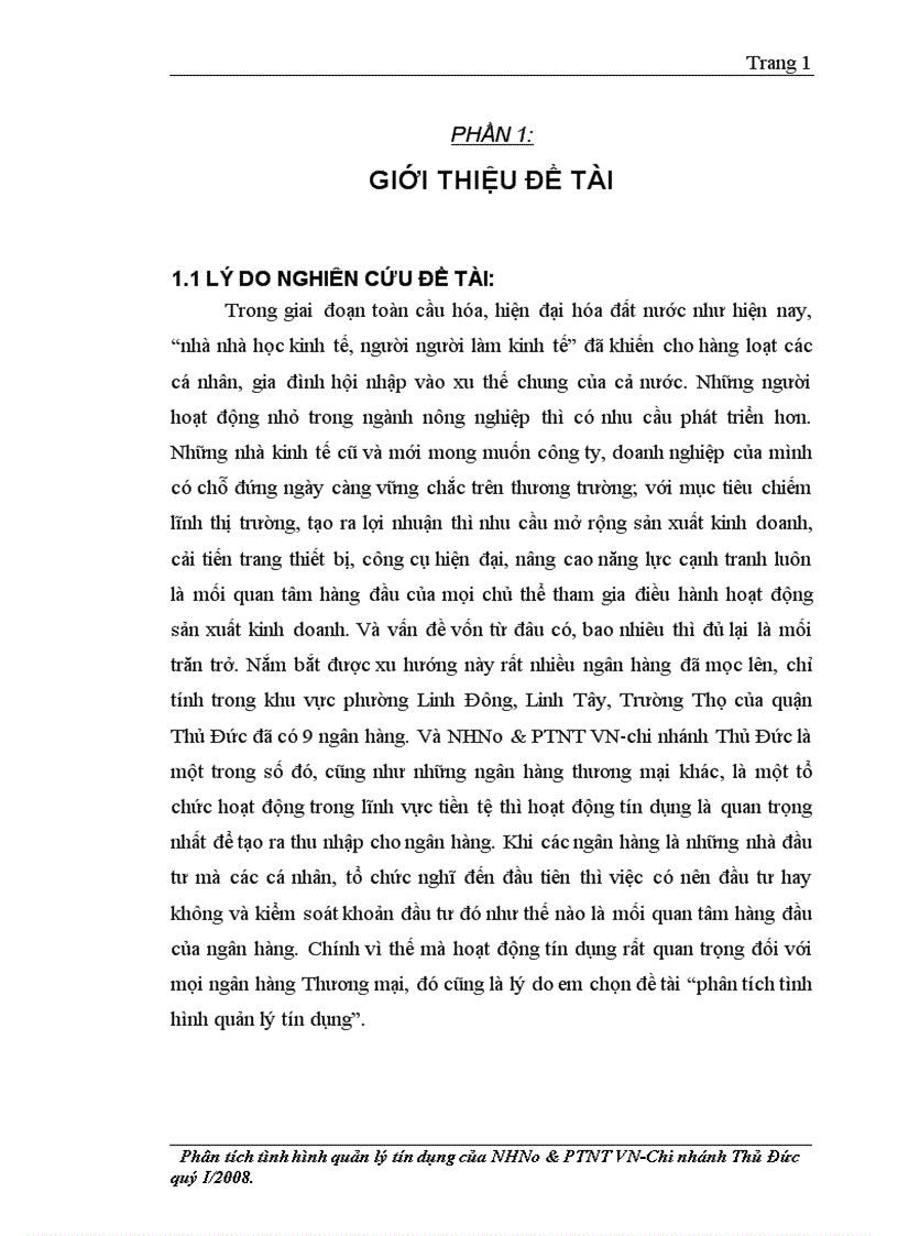 Phân tích tình hình quản lý tín dụng ở Ngân hàng Nông Nghiệp và Phát Triển Nông thôn chi nhánh Thủ Đứcnăm 2008