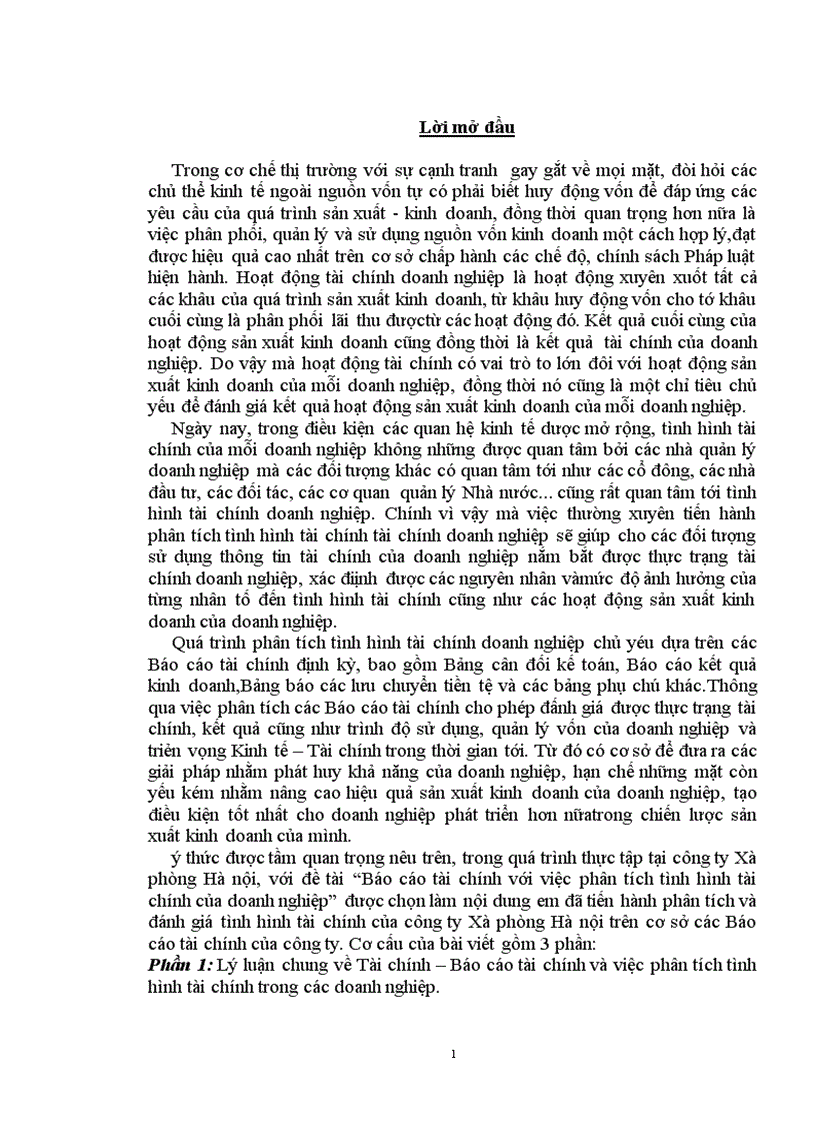 Báo cáo tài chính với việc phân tích tình hình tài chính của doanh nghiệp tại công ty xà phòng Hà Nội