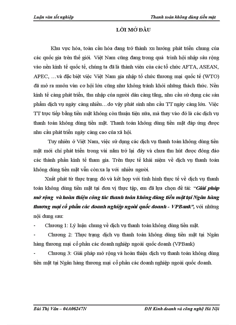 Giải pháp mở rộng và hoàn thiện công tác thanh toán không dùng tiền mặt tại Ngân hàng thương mại cổ phần các doanh nghiệp ngoài quốc doanh VPBank