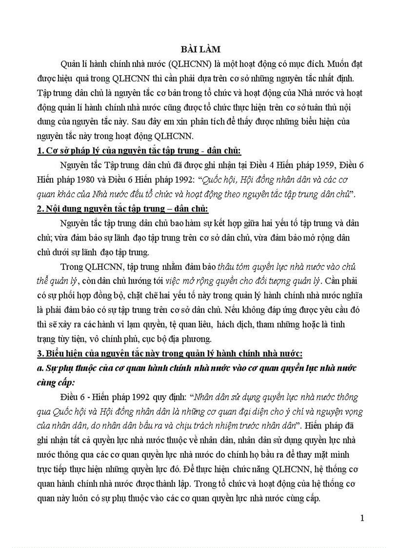 Cá nhân 1 hành chính Phân tích nguyên tắc tập trung dân chủ trong hoạt động quản lí hành chính nhà nước