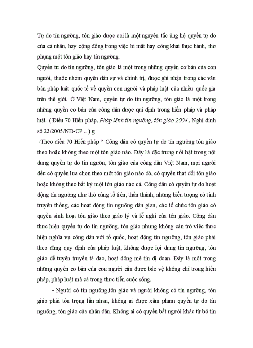 Phân tích quyền tự do tín ngưỡng tôn giáo theo pháp luật hiện hành của Việt Nam