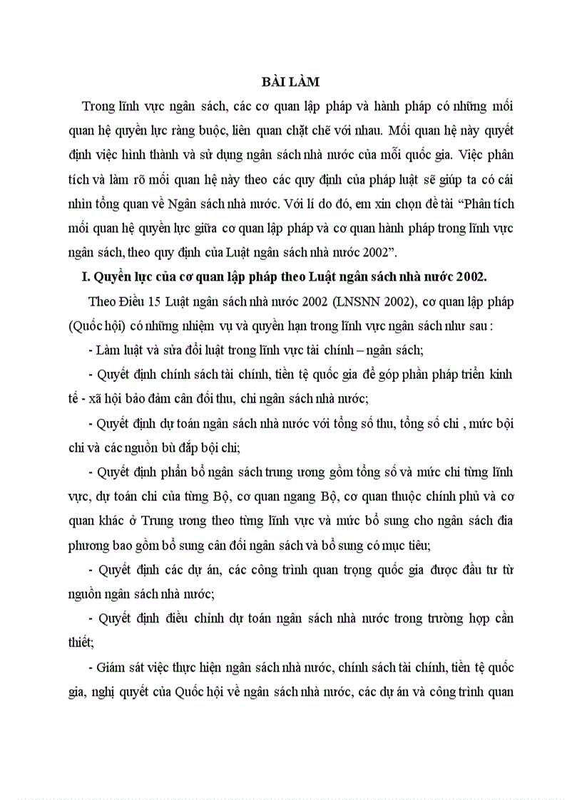 Phân tích mối quan hệ quyền lực giữa cơ quan lập pháp và cơ quan hành pháp trong lĩnh vực ngân sách theo quy định của Luật ngân sách nhà nước 2002