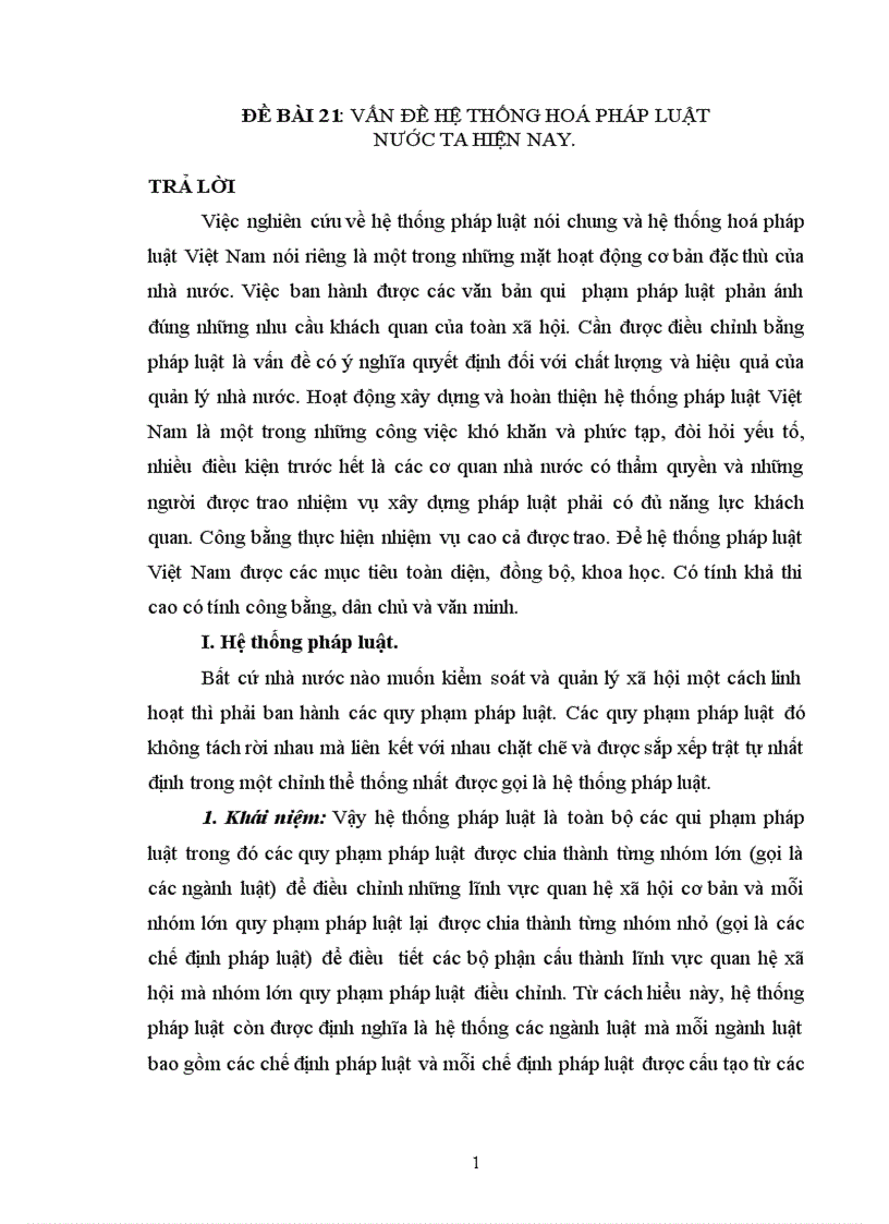 Bài tập học kỳ lý luận NN PL Vấn đề hệ thống hoá pháp luật nước ta hiện nay