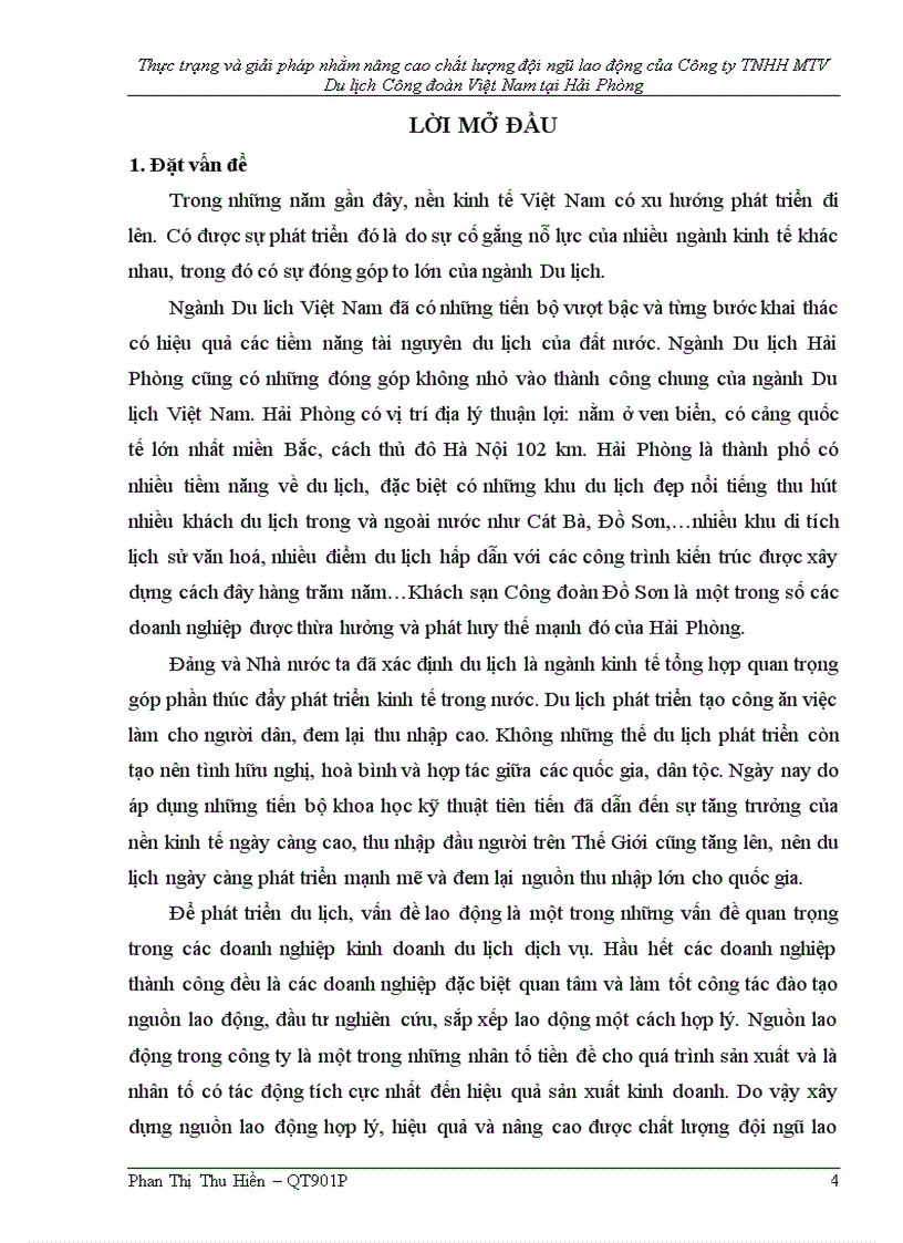 Thực trạng và giải pháp nhằm nâng cao chất lượng đội ngũ lao động của Công ty TNHH MTV Du lịch Công đoàn Việt Nam tại Hải Phòng