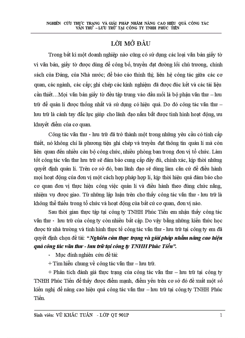 Nghiên cứu thực trạng và giải pháp nhằm nâng cao hiệu quả công tác văn thư lưu trữ tại công ty TNHH Phúc Tiến