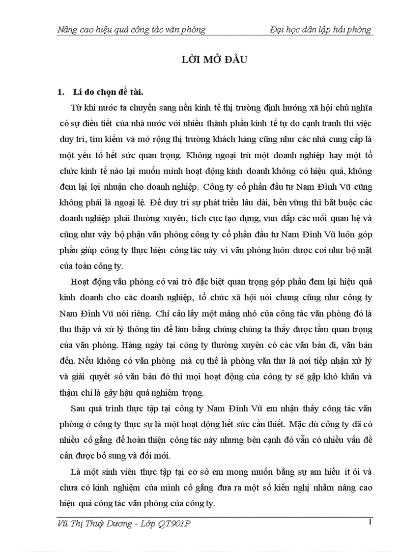 Một số giải pháp nhằm nâng cao hiệu quả công tác văn phòng tại công ty cổ phần đầu tư Nam Đình Vũ
