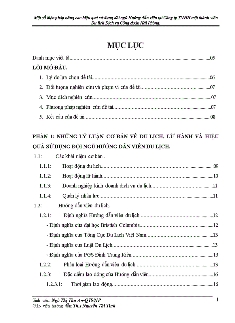 Một số biện pháp nâng cao hiệu quả sử dụng đội ngũ Hướng dẫn viên tại Công ty TNHH một thành viên Du lịch Dịch vụ Công đoàn Hải Phòng