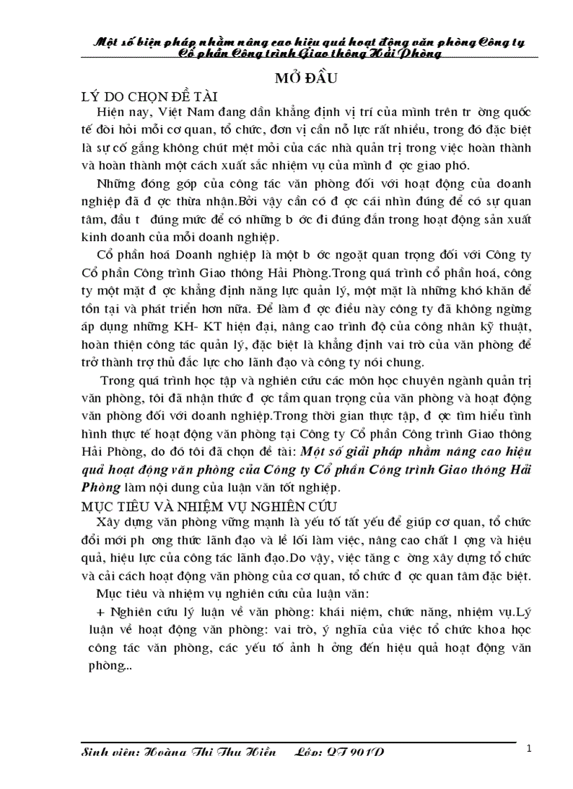 Một số giải pháp nhằm nâng cao hiệu quả hoạt động văn phòng của Công ty Cổ phần Công trình Giao thông Hải Phòng làm nội dung của luận văn tốt nghiệp