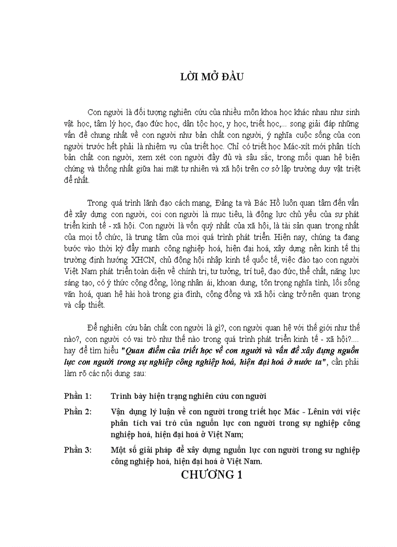 Tiểu luận triết Quan điểm của triết học về con người và vấn đề xây dựng nguồn lực con người trong sự nghiệp công nghiệp hoá hiện đại hoá ở nước ta