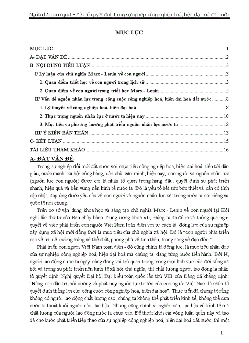 Tiểu luận triết Nguồn lực con người Yếu tố quyết định trong sự nghiệp công nghiệp hoá hiện đại hoá đất nước