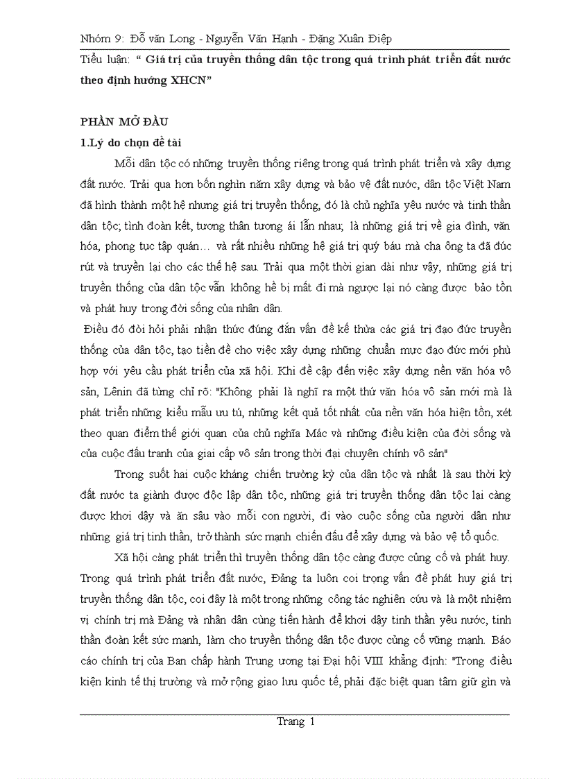 Giá trị của truyền thống dân tộc vn trong quá trình phát triển đất nước theo định hướng XHCN
