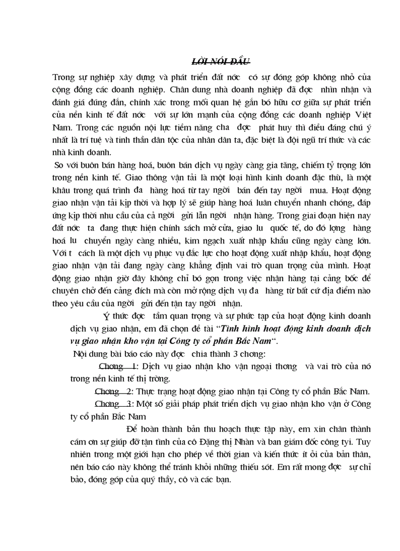 Tình hình hoạt động kinh doanh dịch vụ giao nhận kho vận tại Công ty cổ phần Bắc Nam