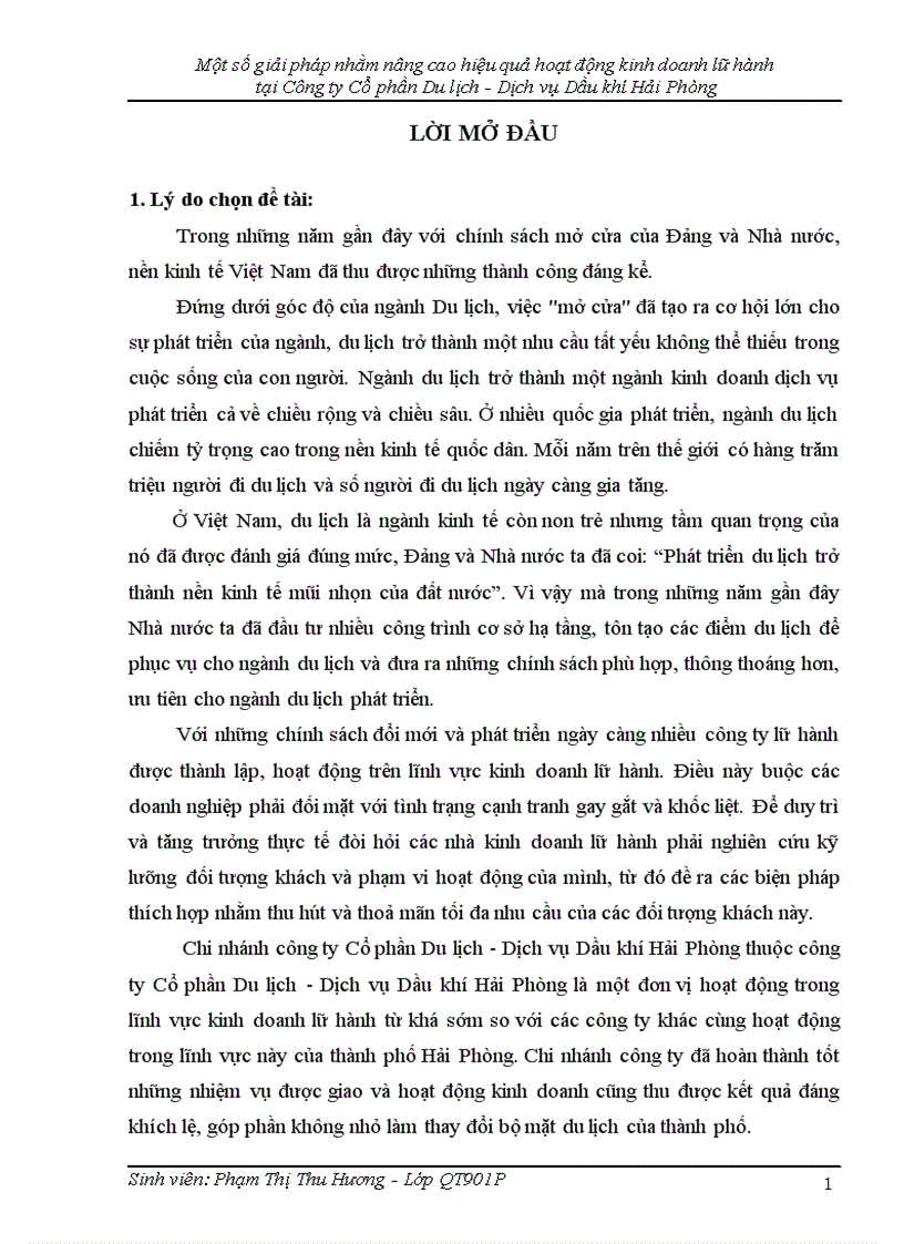 Một số giải pháp nhằm nâng cao hiệu quả hoạt động kinh doanh lữ hành tại Chi nhánh công ty Cổ phần Du lịch Dịch vụ Dầu khí Hải Phòng