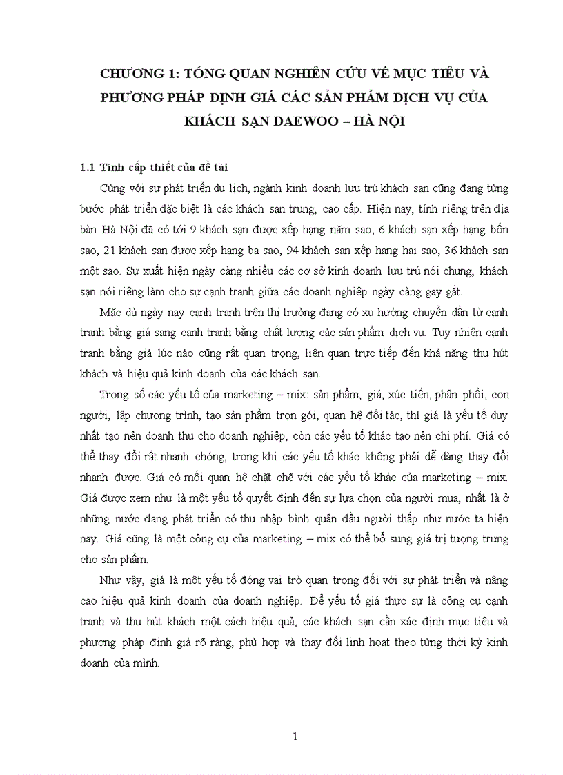 Hoàn thiện mục tiêu và phương pháp định giá các sản phẩm dịch vụ của khách sạn Deawoo Hà nộ