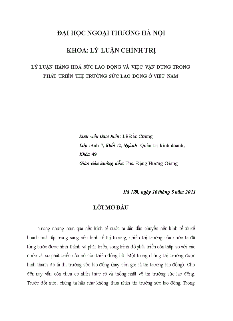 Lý luận hàng hoá sức lao động và việc vận dụng trong phát triển thị trường sức lao động ở việt nam