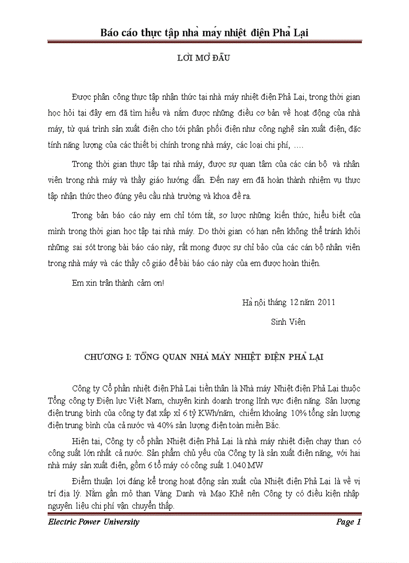 Báo cáo thực tập nhà máy nhiệt điện Phả Lại tháng 12 201