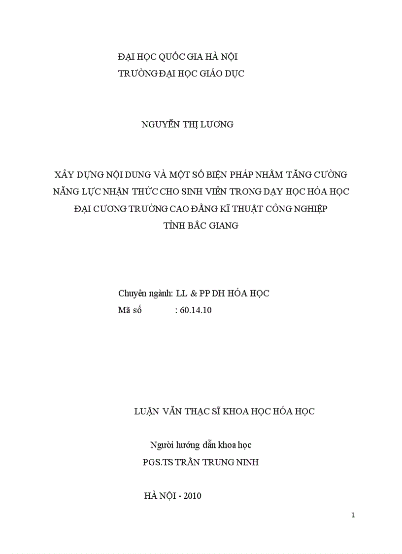 Xây dựng nội dung và một số biện pháp nhằm tăng cường năng lực nhận thức cho sinh viên trong dạy học hóa học đại cương trường cao đẳng kĩ thuật công nghiệp tỉnh bắc giang