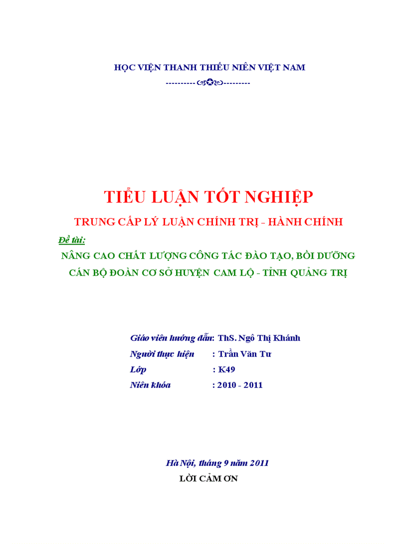 Nâng cao chất lượng công tác đào tạo bồi dưỡng cán bộ đoàn cơ sở huyện cam lộ tỉnh quảng trị