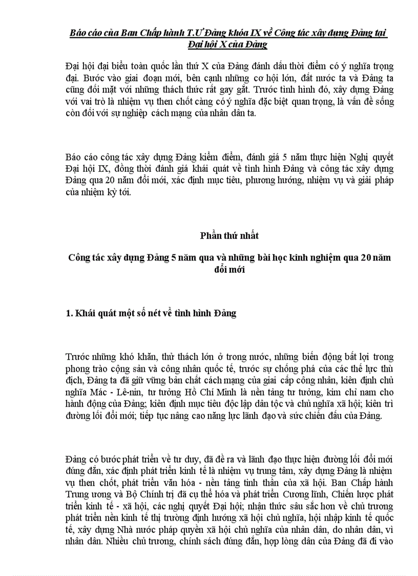 Báo cáo của Ban Chấp hành T Ư Đảng khóa IX về Công tác xây dựng Đảng tại Đại hội X của Đảng