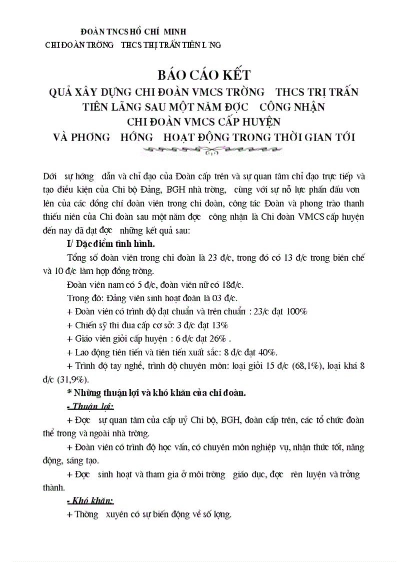 Báo cáo kết quả xây dựng chi đoàn vmcs trường thcs trị trấn tiên lãng sau một năm được công nhận chi đoàn vmcs cấp huyện và phương hướng hoạt động trong thời gian tới