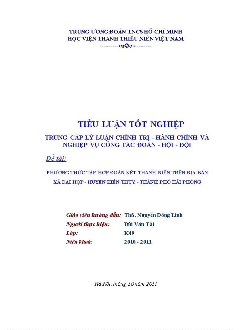 Phương thức tập hợp đoàn kết thanh niên trên địa bàn xã đại hợp huyện kiến thụy thành phố hải phòng