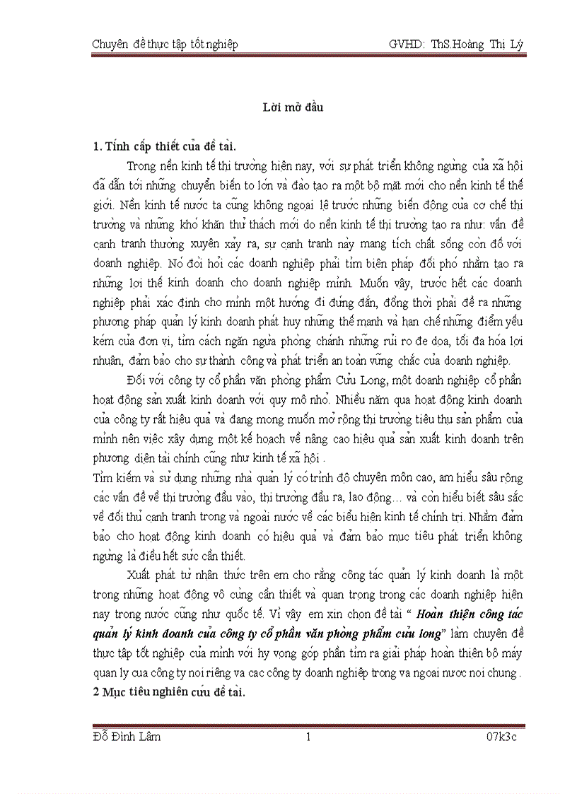 Hoàn thiện công tác quản lý kinh doanh của công ty cổ phần văn phòng phẩm cửu long