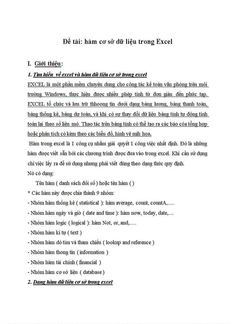 Tiểu luận về các hàm thông dụng trong excel