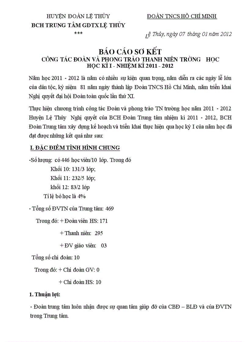 Báo cáo sơ kết công tác Đoàn HKI nhiệm kì 2011 2012