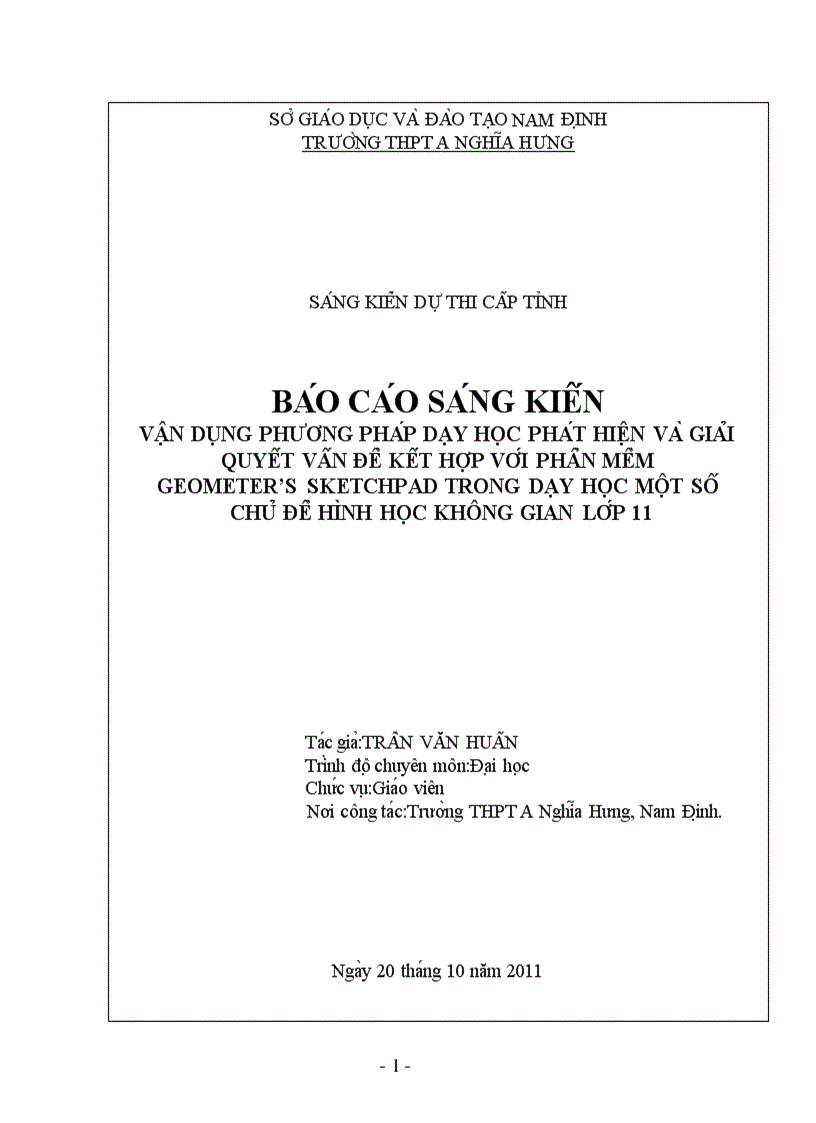 Vâ n du ng phương pha p da y ho c pha t hiê n va gia i quyê t vâ n đê kê t hơ p vơ i phâ n mê m geometer s sketchpad trong da y ho c mô t sô chu đê hi nh ho c không gian lơ p 1