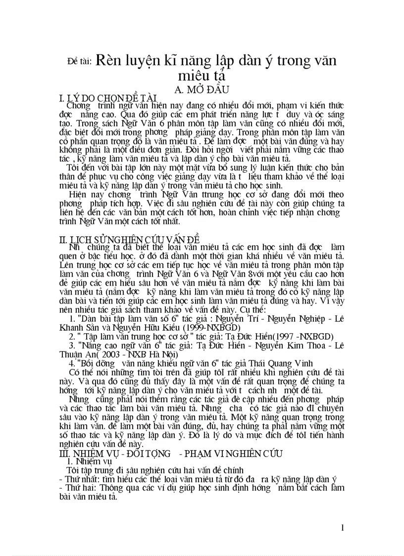 Rèn luyện kĩ năng lập dàn ý trong văn miêu tả