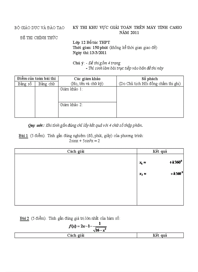 Đề thi khu vực giải toán trên máy tính casio lớp 12 btthpt năm 201