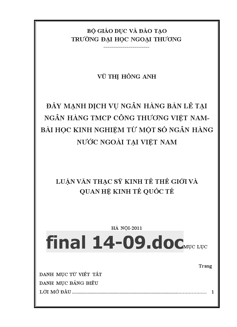 Lv thạc sỹ đẩy mạnh dịch vụ ngân hàng bán lẻ tại ngân hàng tmcp công thương việt nam bài học kinh nghiệm từ một số ngân hàng nước ngoài tại việt nam
