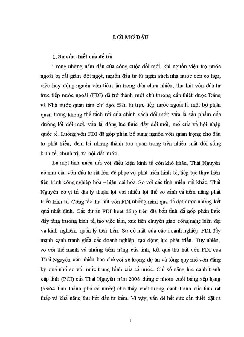 Khóa luận Ngoại Thương Một số biện pháp nhằm tăng cường thu hút và sử dụng nguồn vốn FDI của tỉnh Thái Nguyên